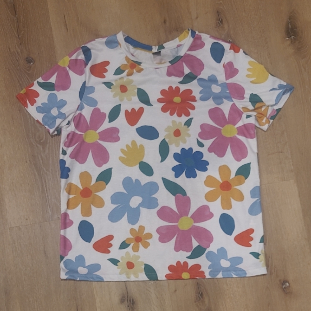 Women’s White Short Sleeve Tee with Multicolor Floral Print